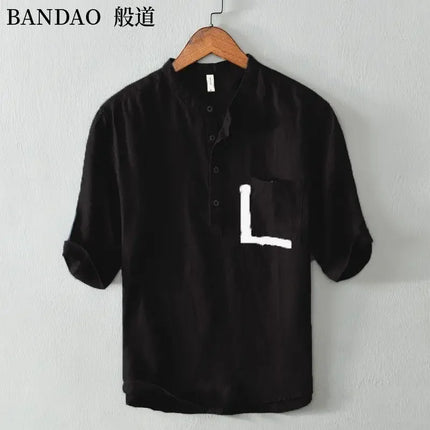 Men's High-End Loose Spring and Summer Chinese Style Short-Sleeved Cotton Linen Casual Breathable Shirt Collar T-shirt