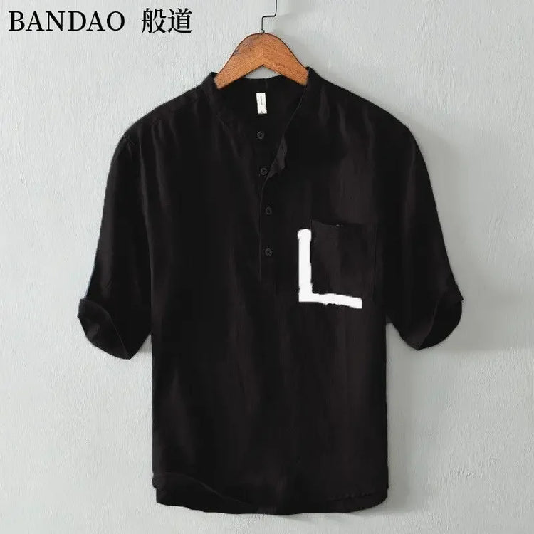 T-shirt con colletto della camicia traspirante casual in lino di cotone a maniche corte da uomo di fascia alta allentata primavera ed estate in stile cinese