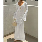 Nuovo stile lavorato a maglia scava fuori scollo a V abito a maniche lunghe da donna vacanza al mare bikini senza schienale copricostume protezione solare abito lungo platinumshop