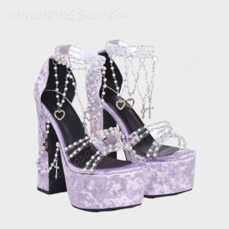 Taro Purple Suede Crystal Tassel Sandals Girls Cute Platform Open Heels Pink Round Toe Chunky Pearl String Ankle Lolita Shoes