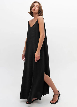 HiLoc Abito lungo bianco allentato casual Robe 2025 Nuovi abiti estivi con scollo a V per le donne Primavera senza maniche Vestaglie dritte Camicia da notte