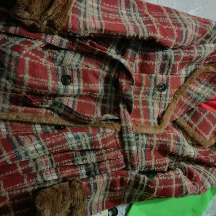 Women's Double Breasted Plaid Coat, Woolen Jacket , V-Neck, Loose Tops, Female Clothes, Sweet, New, Autumn, Winter