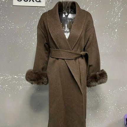 UCXQ Elegant OL Office Lady Overcoats Fur Patchwork Long Sleeve Woolen Coat Beautiful Women's Clothing Jacket Autumn 2025 Winter