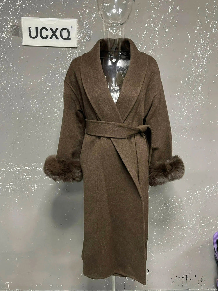 UCXQ Elegant OL Office Lady Overcoats Fur Patchwork Long Sleeve Woolen Coat Beautiful Women's Clothing Jacket Autumn 2025 Winter