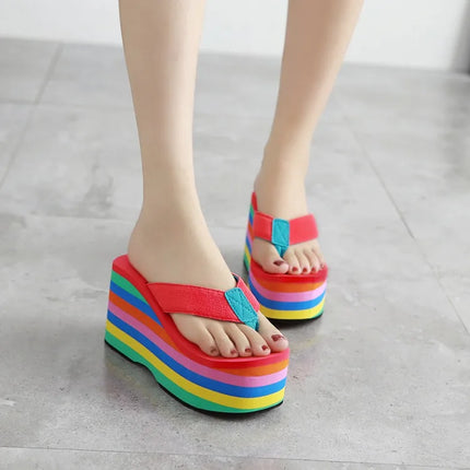 Rainbow Flip-Flops Women's Beach Sandals Summer Frosted Strap Super High Wedge Slippers Women's Summer Slippers