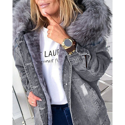 Autumn Women Vintage Hooded Denim Jackets Wth a Large Fluffy Collar Frayed Design Buttoned Overcoat