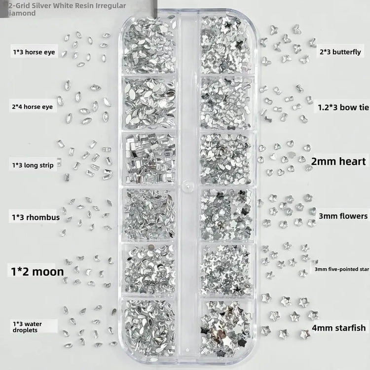 LYLE 12 grids Silver White Resin Nail Art Ornaments Shiny Tiny Star Flat Back Rhinestones Irregular Nail Accessories
