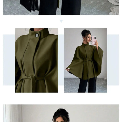 Elegant Stand Collar Tie Waist Cape Design Wool Coat, Coats for Women Spring Summer Outerwear with Chic Overcoat Style