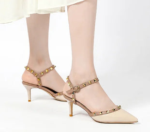 Lady autentici sandali in pelle cinturino con fibbia tacchi alti sottili scarpe alla moda Lock Gold Studs Dress Pumps 33-41 25cm White Blac