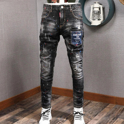 Fashion Streetwear Men Jeans Retro Black Blue Elastic Slim Fit Ripped Jeans Men Spliced Designer Embroidery Hip Hop Denim Pants PlatiNum
