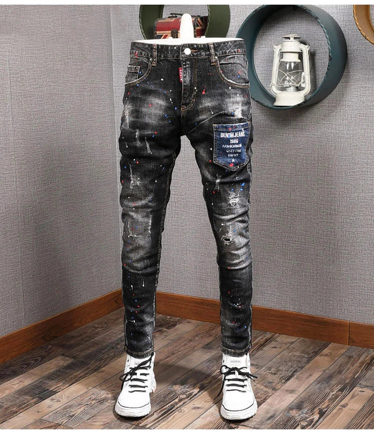 Fashion Streetwear Men Jeans Retro Black Blue Elastic Slim Fit Ripped Jeans Men Spliced Designer Embroidery Hip Hop Denim Pants PlatiNum
