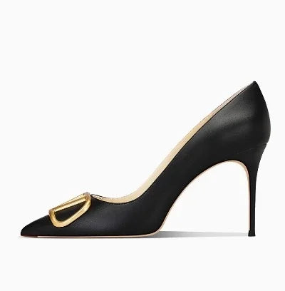 Décolleté alla moda con tacco alto grigio brillante con fibbia a V Sandali primaverili estivi Tacchi a punta in vera pelle