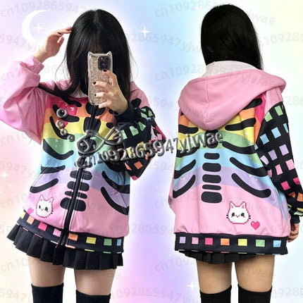26 Women Winter Halloween Harajuku Japanese Gothic Hip Hop Yami Kawaii Y2k Skull Print Girls Women Zip Hoodies Women Sweatshirt