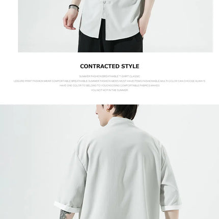 Camicie Retrò da Uomo Ricamate Stile Kung Fu Tai Chi, Camicie Casual a Maniche Corte, Stile Cinese in Lino Traspirante e Cotone per Uomo