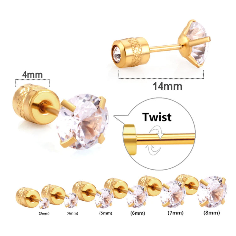 LUXUSTEEL 2Pcs Men's Crystal Zircon Studs Earrings For Women 316L Stainless Steel Cartilage Piercing Ear Anti Allergic 3-8mm PlatiNum