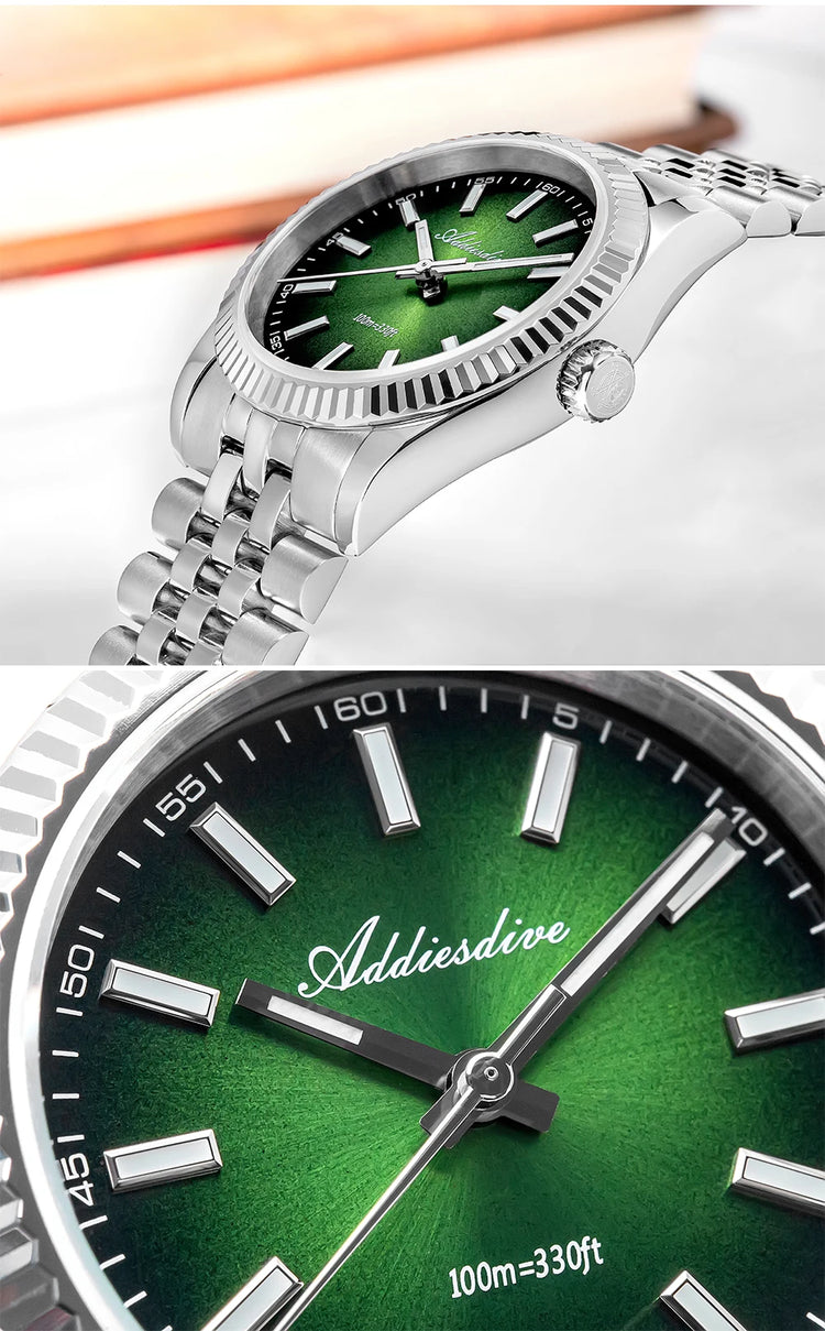 ADDIESDIVE 36mm Men Watch AD2073 BGW9 Luminous Jubilee Strap 10Bar Waterproof Sapphire Glass VH31 Movement Quartz Watches Reloj
