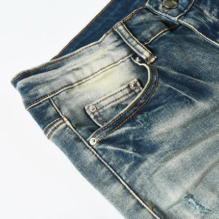Men Pale Light Blue Biker Jeans Cracked Pleated Patch Patchwork Stretch Denim Pants Streetwear Holes Ripped Skinny Trousers PlatiNum