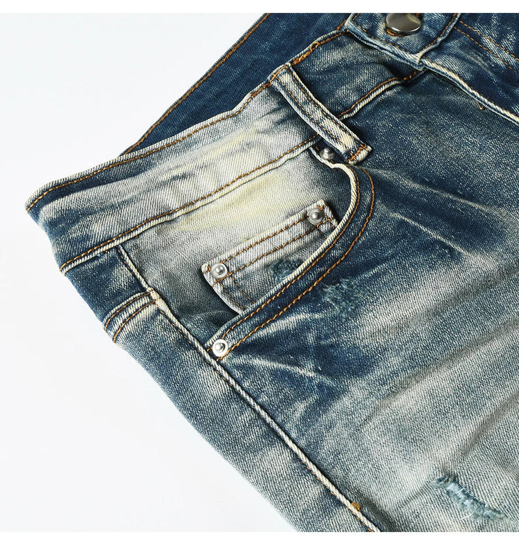 Men Pale Light Blue Biker Jeans Cracked Pleated Patch Patchwork Stretch Denim Pants Streetwear Holes Ripped Skinny Trousers PlatiNum