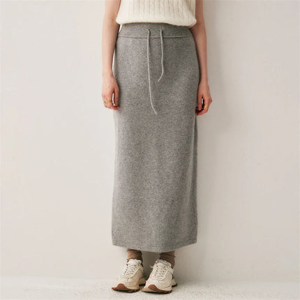Women's Cashmere Skirts Thicken Autumn Winter Drawstring Slit Straight Long Skirt Casual 100% Cashmere Knitted High Waist Dress PlatiNum