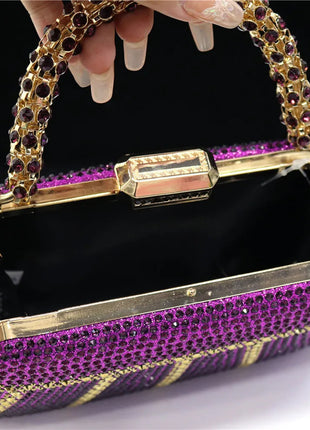 Popular In Nigeria Exquisite Evening Bags With Diamond Design Fashion Handle Clutch Rhinestone Embellished Long Chain Bag PlatiNum