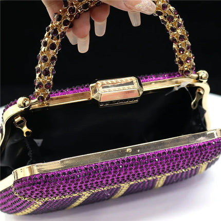 Popular In Nigeria Exquisite Evening Bags With Diamond Design Fashion Handle Clutch Rhinestone Embellished Long Chain Bag PlatiNum