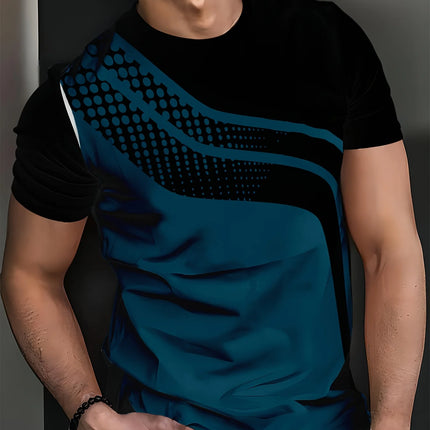 Men's Fashion Digital Print Short Sleeve T-Shirt in Black and Grey Stripes - Breathable Short Sleeve T-Shirt in Breathable Polyester