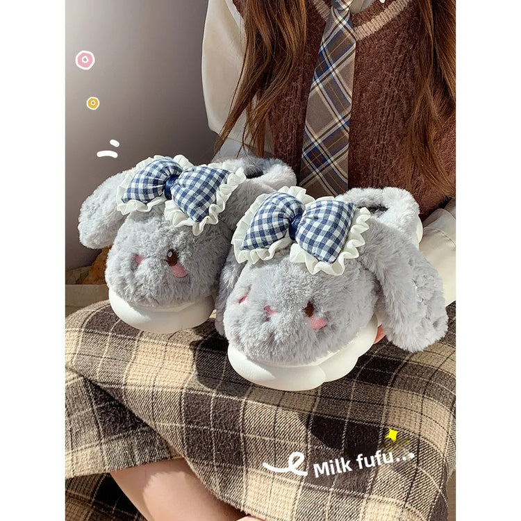 2026 New Women's Cotton Bow Bunny Slippers Winter Indoor Home Warm Household Wool Cotton Shoes Women Wear Indoor Winte