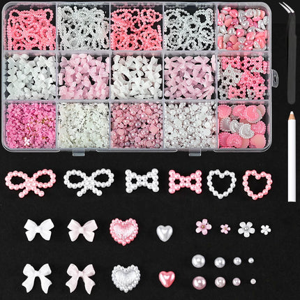 1 Box Pink White Series Bow Heart Nail Charms 3D Arcylic Nail Art Decorations Pearl 5-petal Flower Jewelry Manicure Accessories*