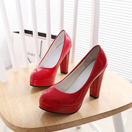 High Heels Pumps Shoes Women White Wedding Shoes Thick 10 CM Heels Fashion Party Pumps Footwear Black Red Round Zapatos De Mujer PlatiNum