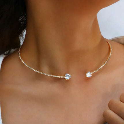 925 Sterling Silver Rhinestone Heart Collar Choker Necklace for Women Simple Open Collar Necklace Torques Jewelry Accessories PlatiNum