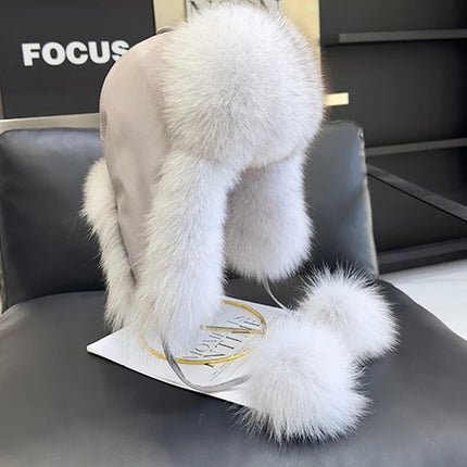 2026 100% Real Fox Fur Hats Women's Russian Ushanka Aviator Trapper Snow Skiing Hat Caps Earflap Winter Raccoon Fur Outerwear Ha