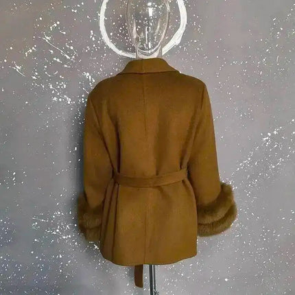 UCXQ Elegant OL Office Lady Overcoats Fur Patchwork Long Sleeve Woolen Coat Beautiful Women's Clothing Jacket Autumn 2025 Winter