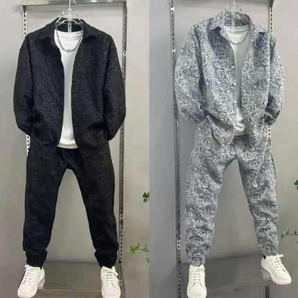 New Spring and Autumn Men's Casual Suit Lapel Jacquard Shirt Trousers Two-piece Set Comfortable Loose PlatiNum