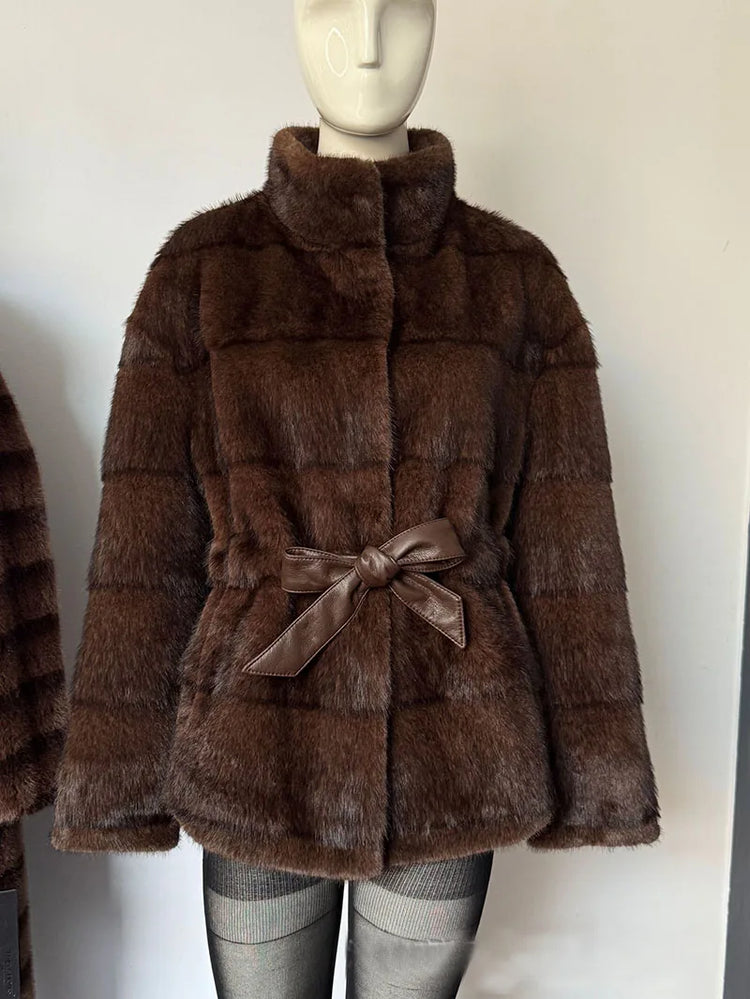 ZADORIN Luxury Designer Clothing Woman Mink Coat 2026 Chic Stand Collar Belted Brown Faux Fur Coat Woman Fluffy Fur Jacket Coats