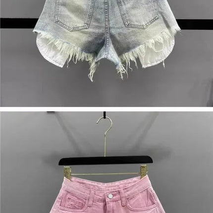Tassel Piercing Denim Shorts for Women 2026 Summer New Style Spicy Girl High Waist Show Thin A-line Wide Leg Cowboy Short Pants PlatiNum