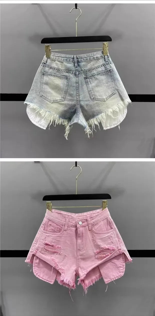Tassel Piercing Denim Shorts for Women 2026 Summer New Style Spicy Girl High Waist Show Thin A-line Wide Leg Cowboy Short Pants PlatiNum
