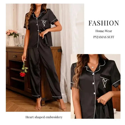 Lussuoso pigiama in raso per donna 2 pezzi pigiama Set tasca cuore ricama pigiameria autunno manica lunga top e pantaloni pigiama femminile platinumshop