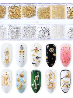 12 Grids Gold Nail Art Alloy Studs Seaside 3D Decorations Sea Shell Star Nail Charm Metal Frame Rivets Nail Sequin Accessories