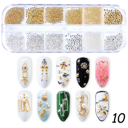 12 Grids Gold Nail Art Alloy Studs Seaside 3D Decorations Sea Shell Star Nail Charm Metal Frame Rivets Nail Sequin Accessories