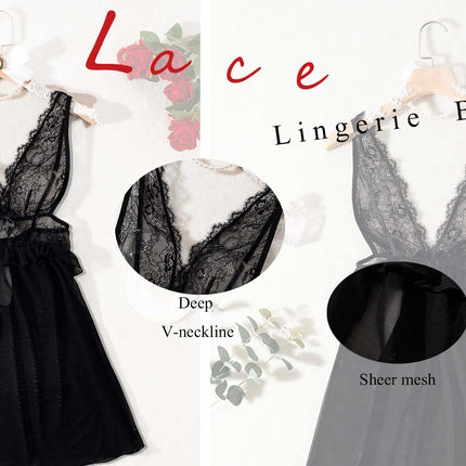 Lingerie sexy nera trasparente, camicia da notte in pizzo da donna, camicia da notte sexy senza maniche da donna con tessuto a rete, scollo a V.lingerie