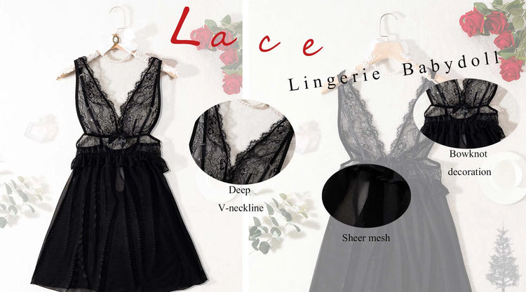 Lingerie sexy nera trasparente, camicia da notte in pizzo da donna, camicia da notte sexy senza maniche da donna con tessuto a rete, scollo a V.lingerie