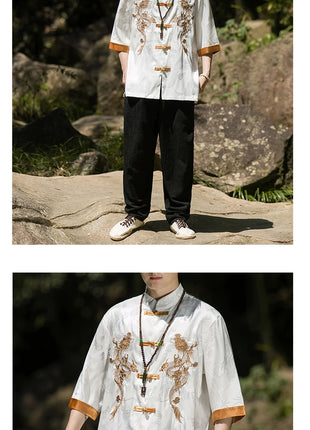 Camicia con ricamo drago dorato da uomo in seta di ghiaccio di alta qualità casual allentato a maniche corte top cardigan tradizionale kung fu retrò da uomo