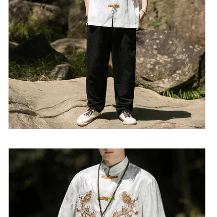 Camicia con ricamo drago dorato da uomo in seta di ghiaccio di alta qualità casual allentato a maniche corte top cardigan tradizionale kung fu retrò da uomo
