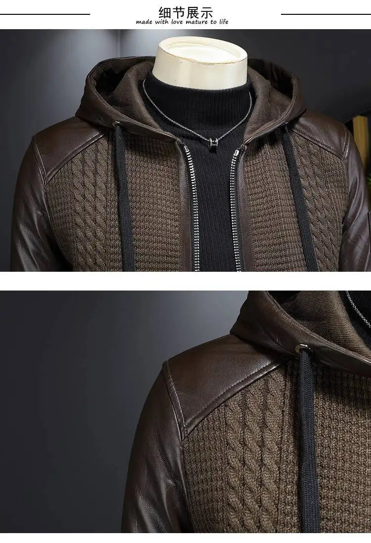 Winter Jackets Mens Duck Down Jacket Men 2025 Autumn Men's Knitted Spliced Leather Jacket Hooded Down Jacket Coat Kurtka Zimowa