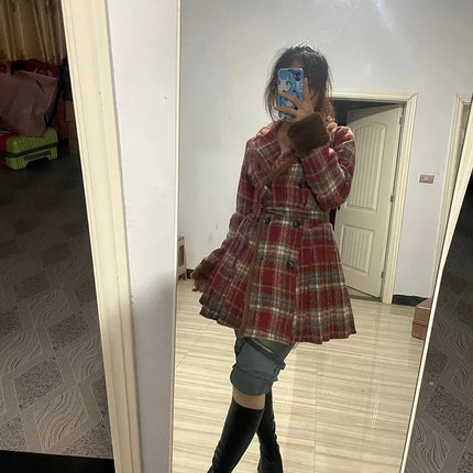Women's Double Breasted Plaid Coat, Woolen Jacket , V-Neck, Loose Tops, Female Clothes, Sweet, New, Autumn, Winter