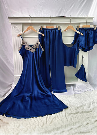 Set da notte in raso da 5 pezzi abito sottoveste in pizzo Cami Top pantaloncini con volant pantaloni da salotto pigiameria da notte da donna