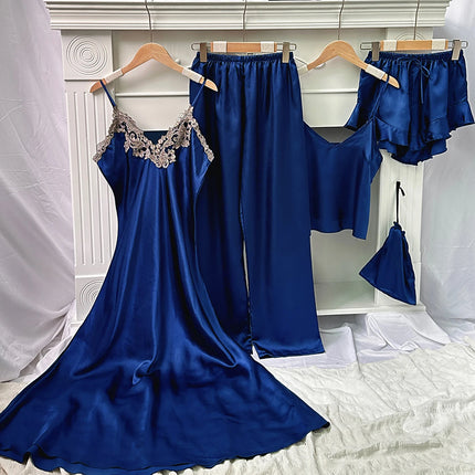 Set da notte in raso da 5 pezzi abito sottoveste in pizzo Cami Top pantaloncini con volant pantaloni da salotto pigiameria da notte da donna