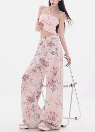 Nuovi jeans ricamati rosa stile cinese da donna Pantaloni estivi casual a gamba larga lunghi fino al pavimento con design stampato