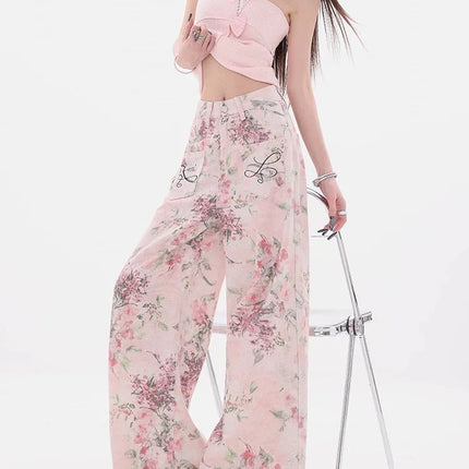 Nuovi jeans ricamati rosa stile cinese da donna Pantaloni estivi casual a gamba larga lunghi fino al pavimento con design stampato