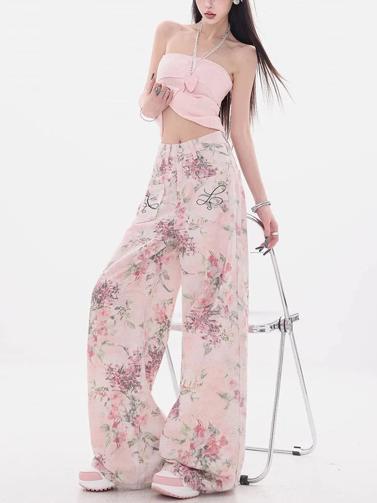 Nuovi jeans ricamati rosa stile cinese da donna Pantaloni estivi casual a gamba larga lunghi fino al pavimento con design stampato